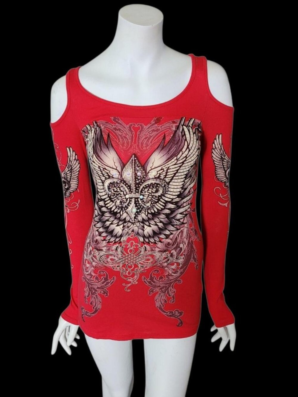 Angel Graphic‎ Fitted Tee Long Sleeve Open Shoulder